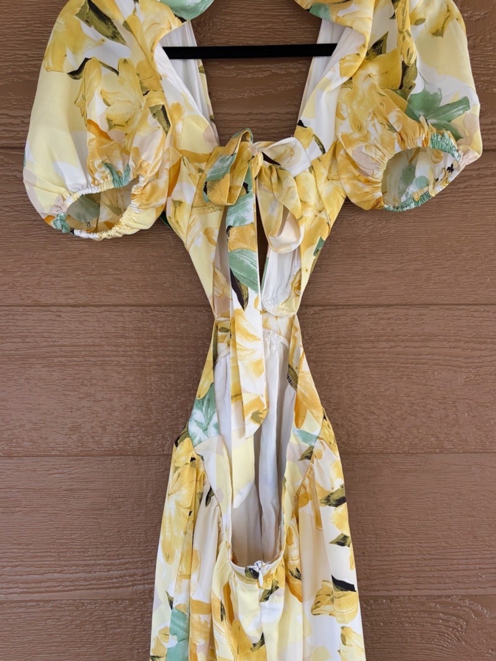 Hello Molly Yellow Floral Cutout Midi Dress with Puff Sleeves -Sz S - Picture 6 of 9